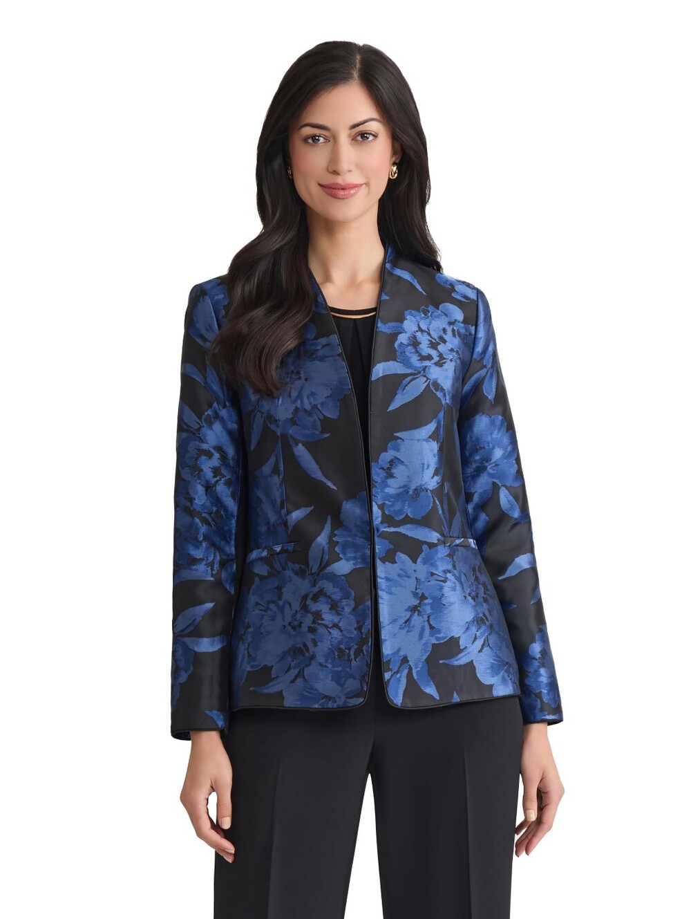 Kasper Black/Blue Floral Jacquard Collarless Open-front Blazer Jacket, 16P